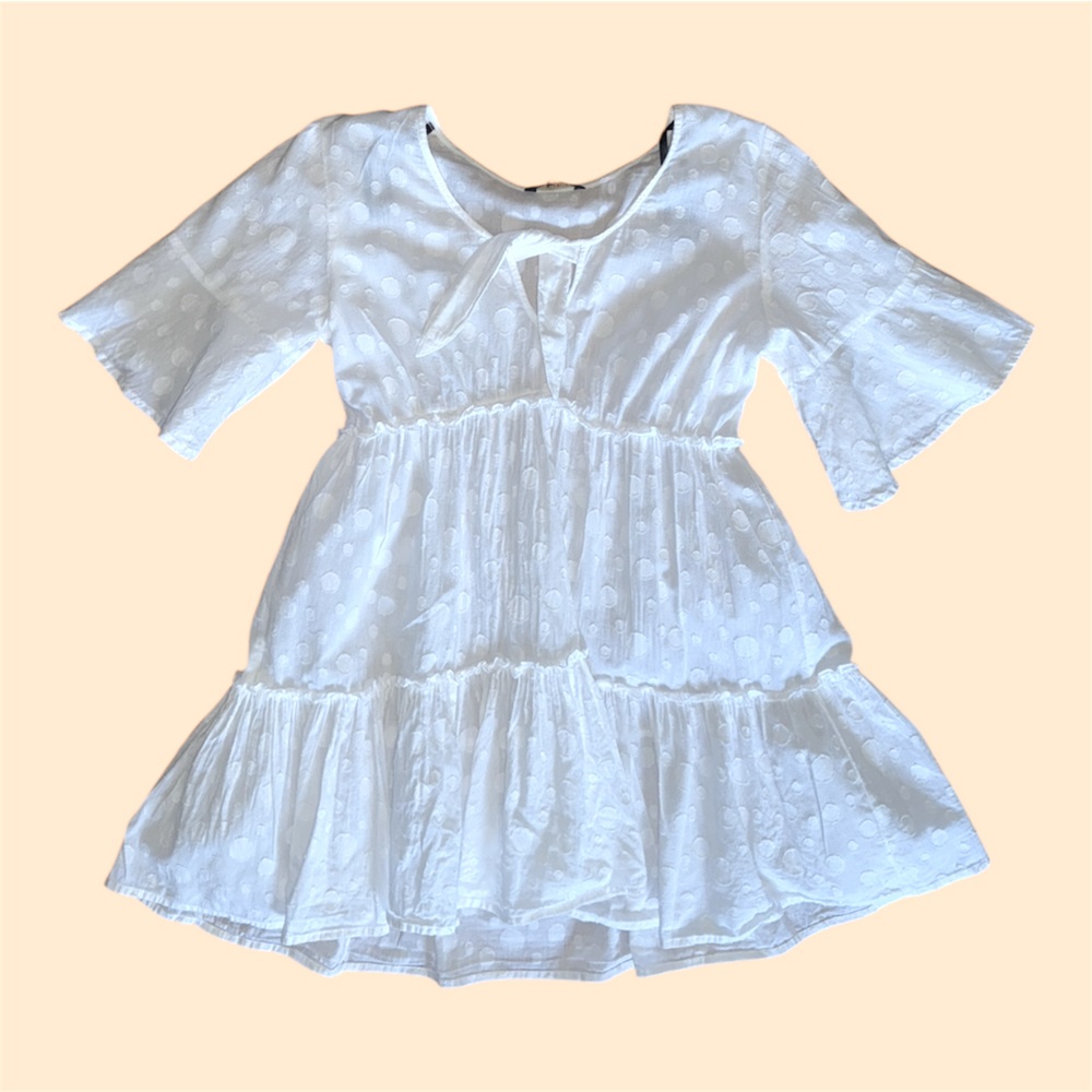 White on Polka Dot‎ Embroidered Cotton Peasant Mini Dress